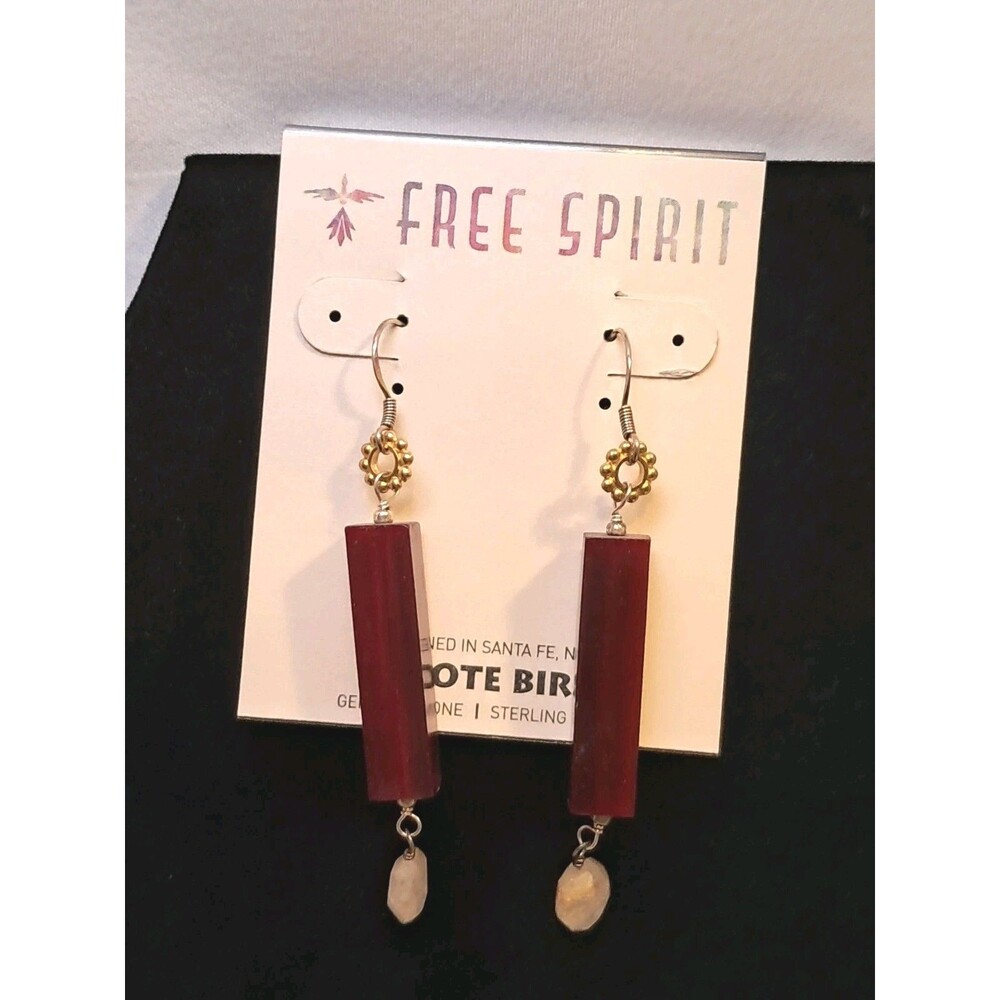 Peyote Bird Red Bar Gemstone Gold Flower 2.25" Dangle Drop Hook Earrings NWT